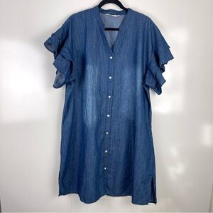 Given Kale Blue Denim Shirt Dress Ruffle Sleeve Chambray Women's Size 1X Casual